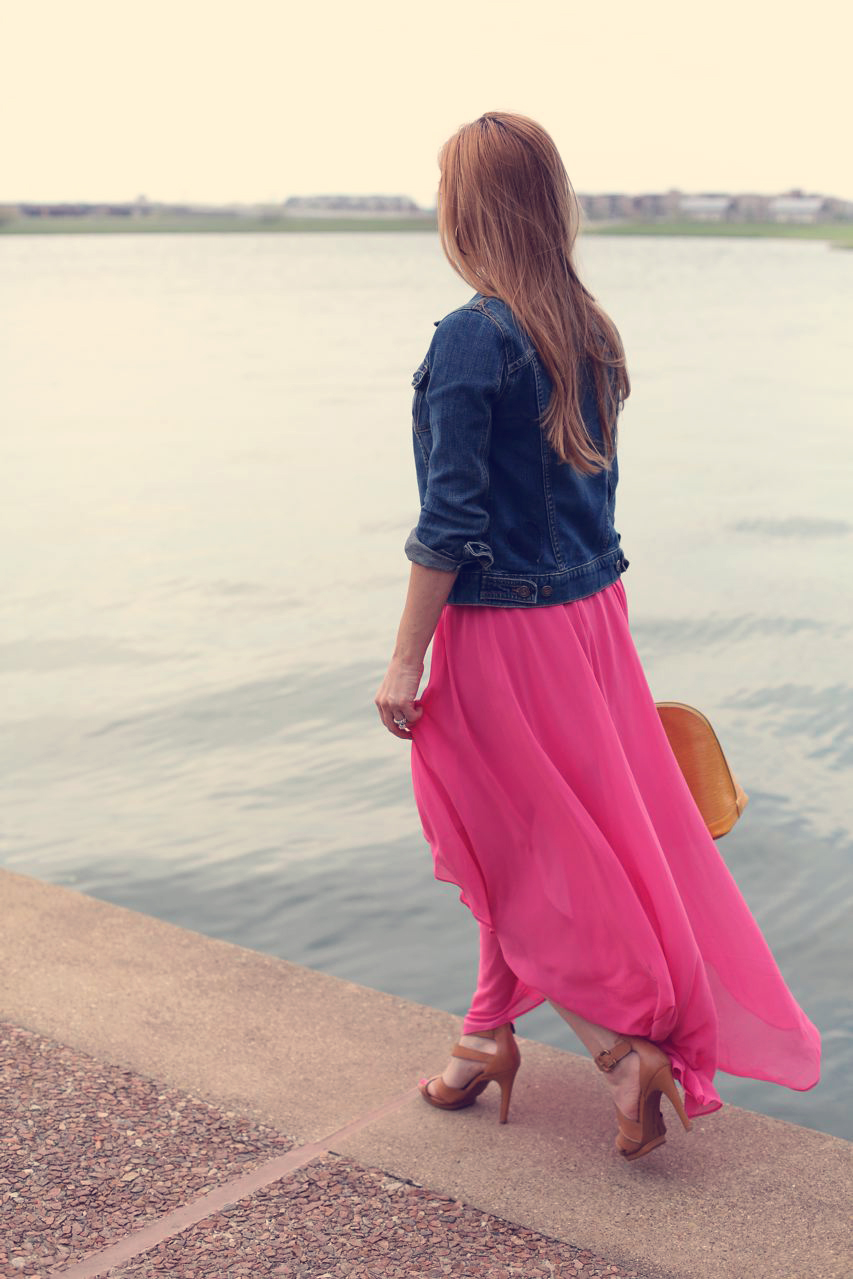 Pink maxi skirt & denim jacket