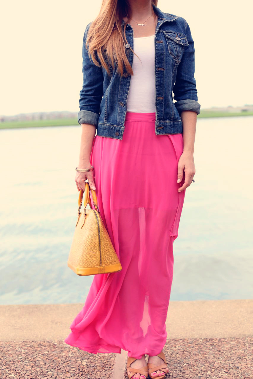 Pink maxi skirt and denim jacket