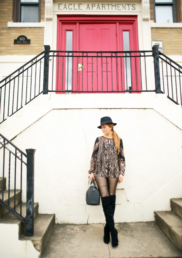 Metallic Copper Skinny Jean + Black Fedora