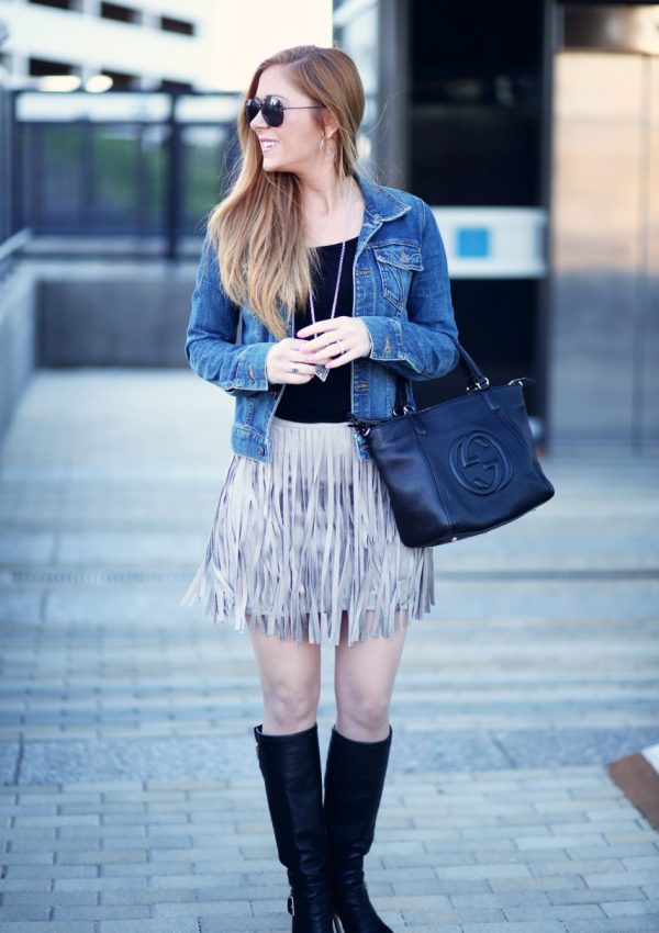 Grey Fringe Skirt + Denim Jacket