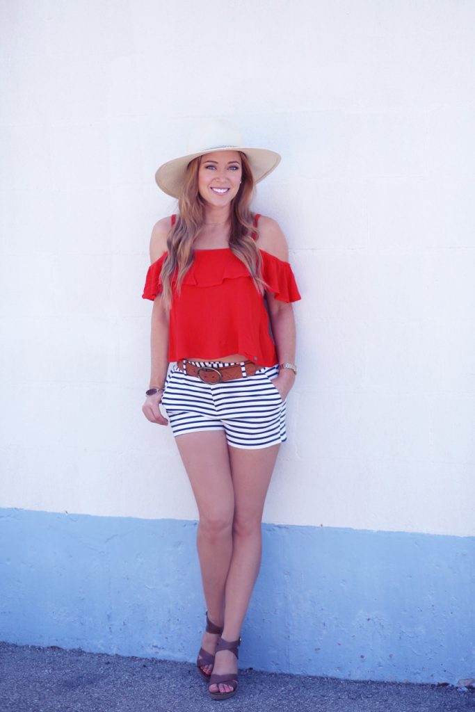 Hilary Kennedy Blog: // Red Ruffe Blouse + Striped Shorts + Hat