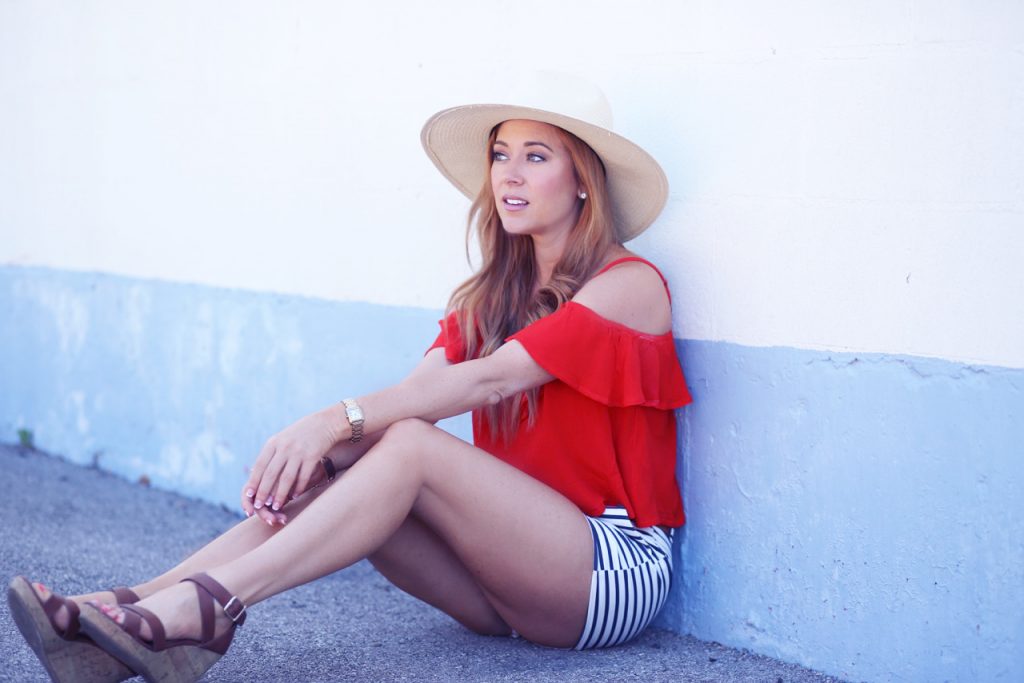 Hilary Kennedy Blog: // Red Ruffe Blouse + Striped Shorts + Hat